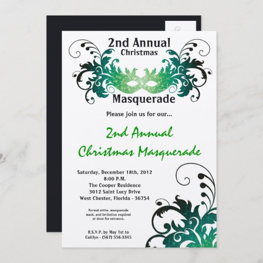 5x7 Green Masquerade Kerstmis XMAS-uitnodiging Kaart (Voorkant / Achterkant)