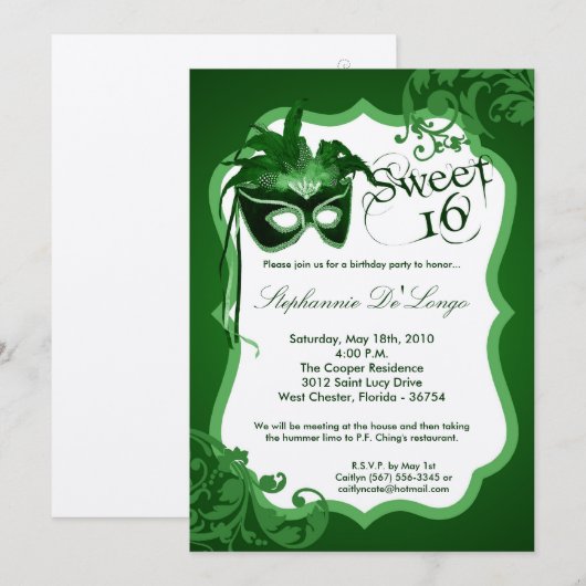5x7 Green Masquerade Mask 16 Verjaardag Uitnodigin Kaart (Voorkant / Achterkant)