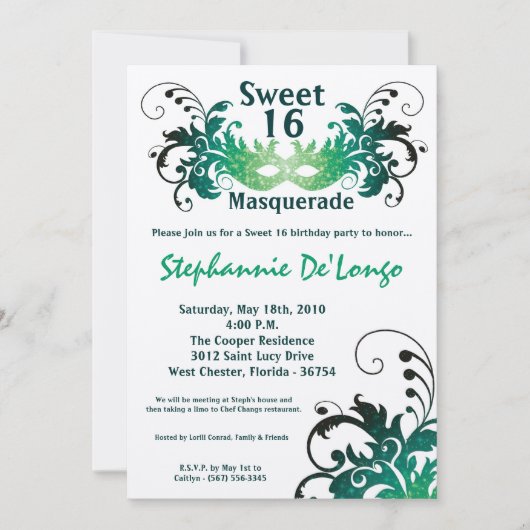 5x7 Green Masquerade Sweet 16 Birthday Invitation Kaart (Voorkant)