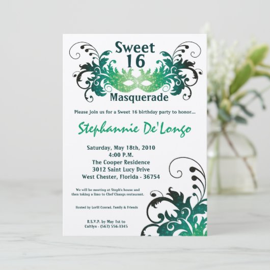 5x7 Green Masquerade Sweet 16 Birthday Invitation Kaart (Staand voorkant)