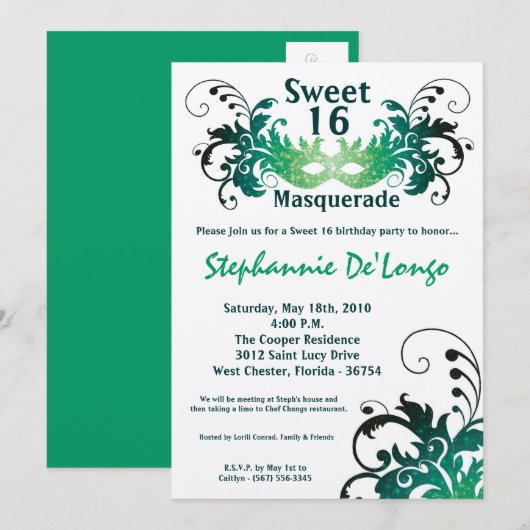5x7 Green Masquerade Sweet 16 Birthday Invitation Kaart (Voorkant / Achterkant)