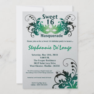 5x7 Green Masquerade Sweet 16 Birthday Invitation Kaart