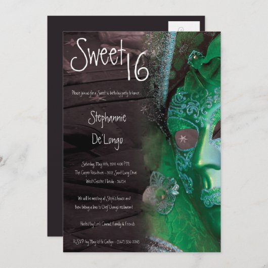 5x7 Green Masquerade Sweet 16 Birthday Invitation Kaart (Voorkant / Achterkant)
