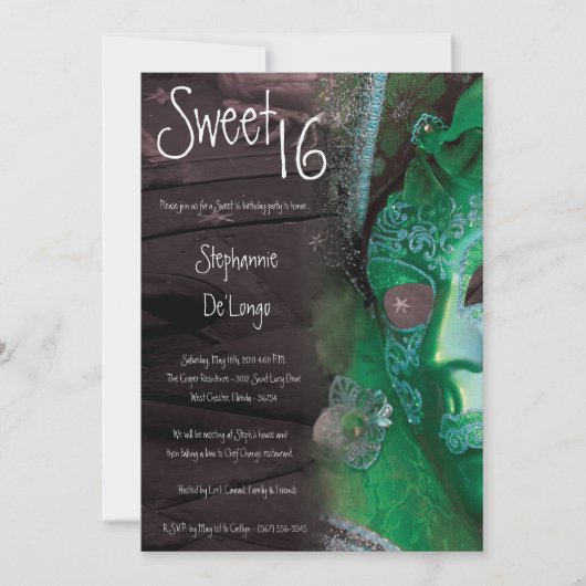 5x7 Green Masquerade Sweet 16 Birthday Invitation Kaart (Voorkant)