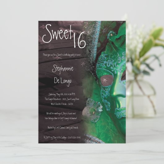 5x7 Green Masquerade Sweet 16 Birthday Invitation Kaart (Staand voorkant)