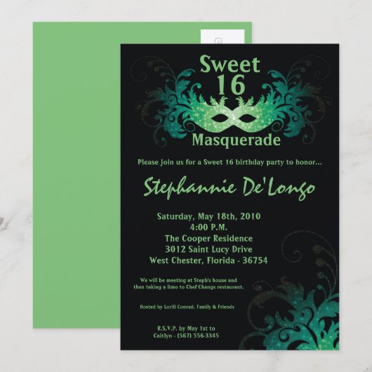 5x7 Green Masquerade Sweet 16 Birthday Invitation Kaart (Voorkant / Achterkant)