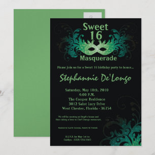 5x7 Green Masquerade Sweet 16 Birthday Invitation Kaart