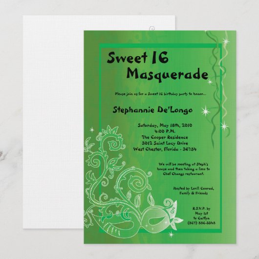 5x7 Green Masquerade Sweet 16 Birthday Invitation Kaart (Voorkant / Achterkant)