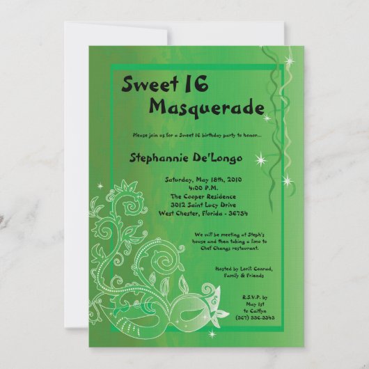 5x7 Green Masquerade Sweet 16 Birthday Invitation Kaart (Voorkant)