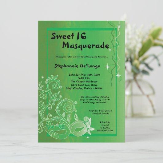 5x7 Green Masquerade Sweet 16 Birthday Invitation Kaart (Staand voorkant)