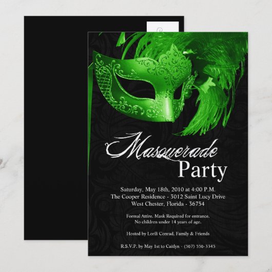 5x7 Green Masquerade Sweet 16 Birthday Invitation Kaart (Voorkant / Achterkant)