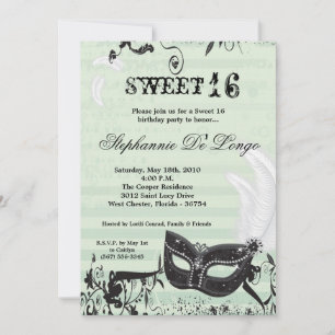 5x7 Green Masquerade Sweet 16 Birthday Invitation Kaart