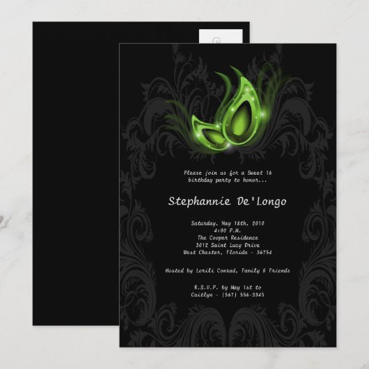 5x7 Green Masquerade Sweet 16 Birthday Invitation Kaart (Voorkant / Achterkant)
