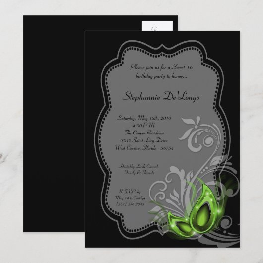 5x7 Green Masquerade Sweet 16 Birthday Invitation Kaart (Voorkant / Achterkant)
