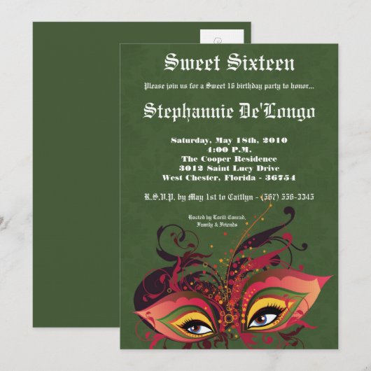 5x7 Green Masquerade Sweet 16 Birthday Invitation Kaart (Voorkant / Achterkant)