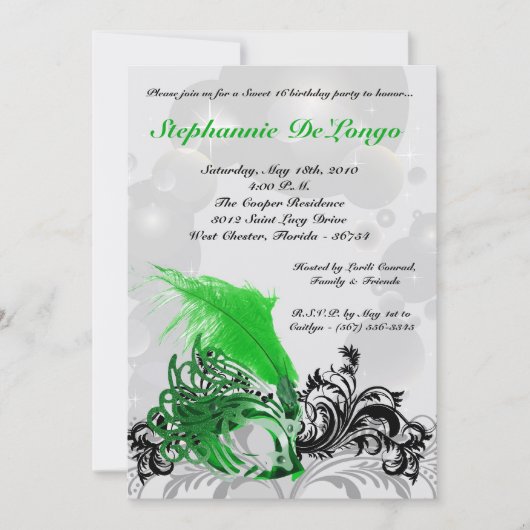 5x7 Green Masquerade Sweet 16 Birthday Invitation Kaart (Voorkant)