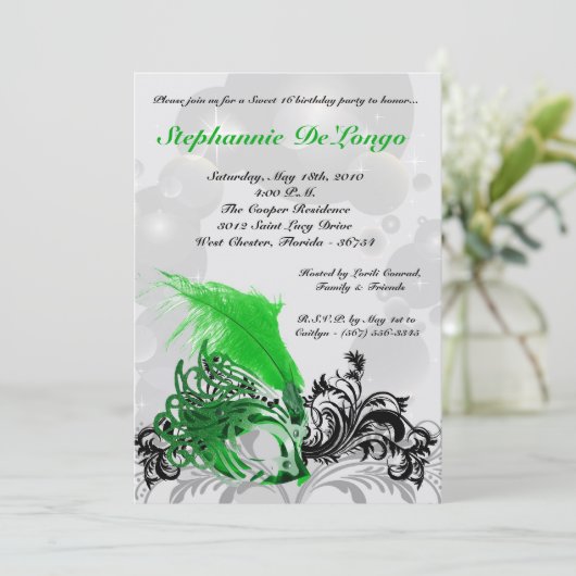 5x7 Green Masquerade Sweet 16 Birthday Invitation Kaart (Staand voorkant)