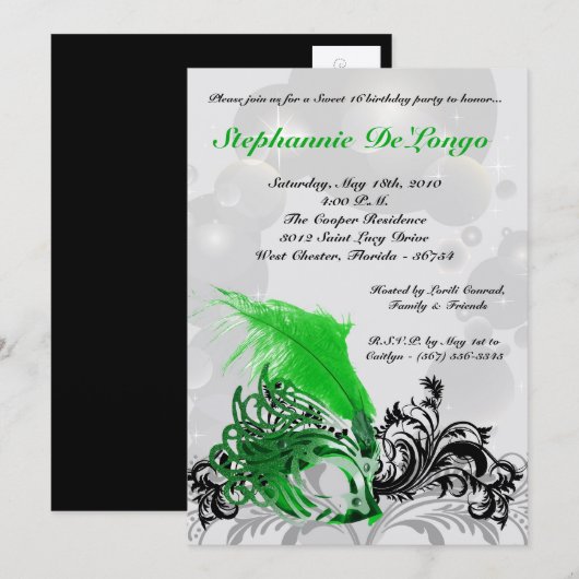 5x7 Green Masquerade Sweet 16 Birthday Invitation Kaart (Voorkant / Achterkant)