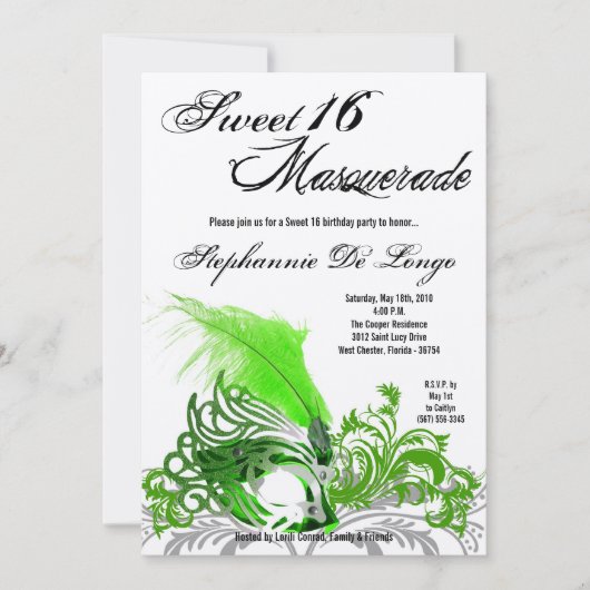 5x7 Green Masquerade Sweet 16 Birthday Invitation Kaart (Voorkant)