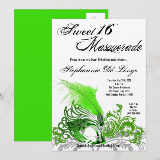 5x7 Green Masquerade Sweet 16 Birthday Invitation Kaart (Voorkant / Achterkant)