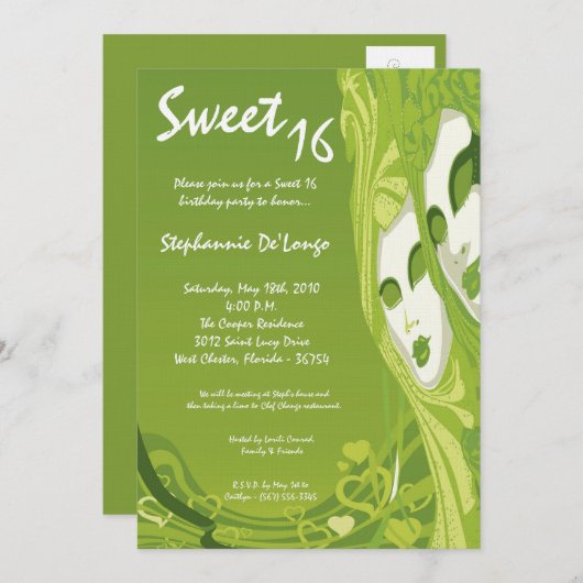 5x7 Green Masquerade Sweet 16 Birthday Invitation Kaart (Voorkant / Achterkant)