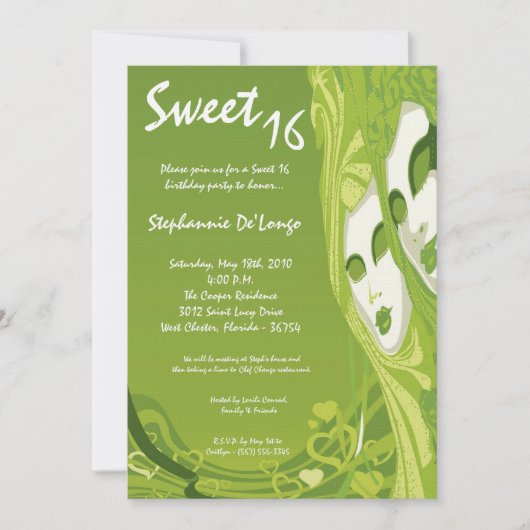 5x7 Green Masquerade Sweet 16 Birthday Invitation Kaart (Voorkant)