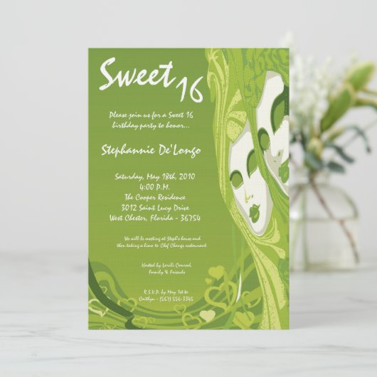 5x7 Green Masquerade Sweet 16 Birthday Invitation Kaart (Staand voorkant)