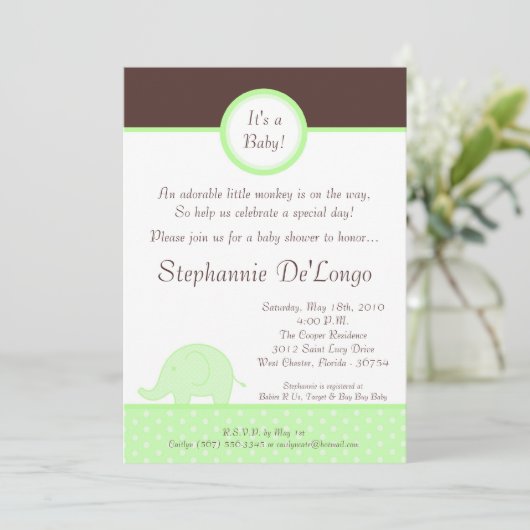 5x7 Green Neut Mod Elephant Baby shower Invitation Kaart (Staand voorkant)