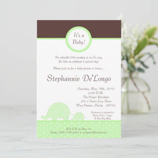 5x7 Green Neut Mod Elephant Baby shower Invitation Kaart (Staand voorkant)