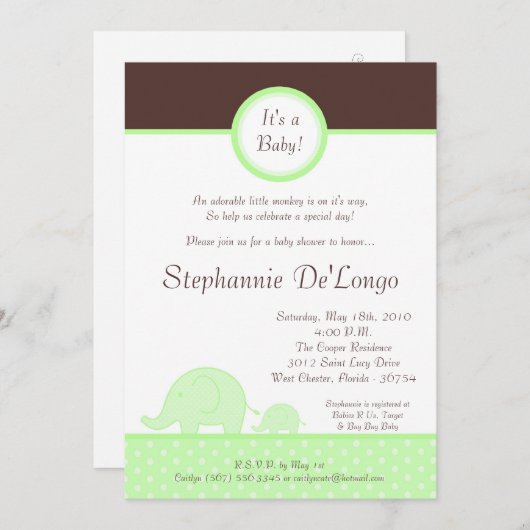 5x7 Green Neut Mod Elephant Baby shower Invitation Kaart (Voorkant / Achterkant)