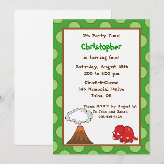 5x7 Green Polkadot Dinosaur Birthday Invite Kaart (Voorkant / Achterkant)