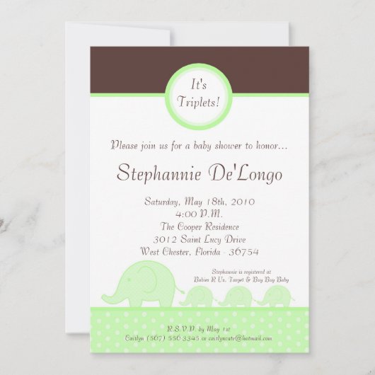 5x7 Green Triplets Elephant Baby shower Invitation Kaart (Voorkant)