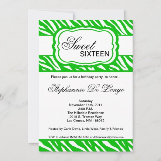 5x7 Green Zebra Print Birthday Party Invitation Kaart (Voorkant)