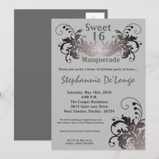 5x7 Grijs Masquerade Sweet 16 Verjaardag Uitnodigi Kaart (Voorkant / Achterkant)