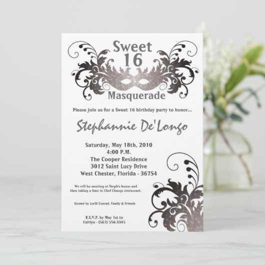 5x7 Grijs Masquerade Sweet 16 Verjaardag Uitnodigi Kaart (Staand voorkant)