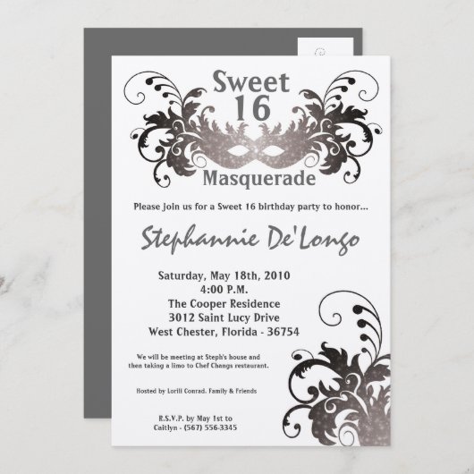 5x7 Grijs Masquerade Sweet 16 Verjaardag Uitnodigi Kaart (Voorkant / Achterkant)