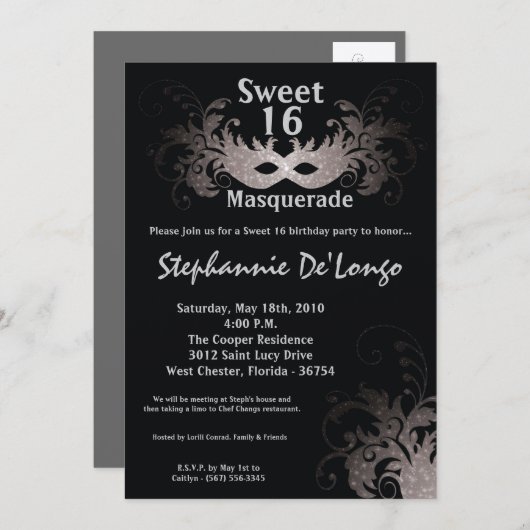 5x7 Grijs Masquerade Sweet 16 Verjaardag Uitnodigi Kaart (Voorkant / Achterkant)