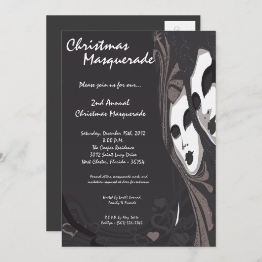 5x7 Grijs Zilver Masquerade Kerstuitnodiging Kaart (Voorkant / Achterkant)