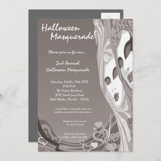5x7 Grijze Masquerade Halloween Kostuum Uitnodigin Kaart (Voorkant / Achterkant)