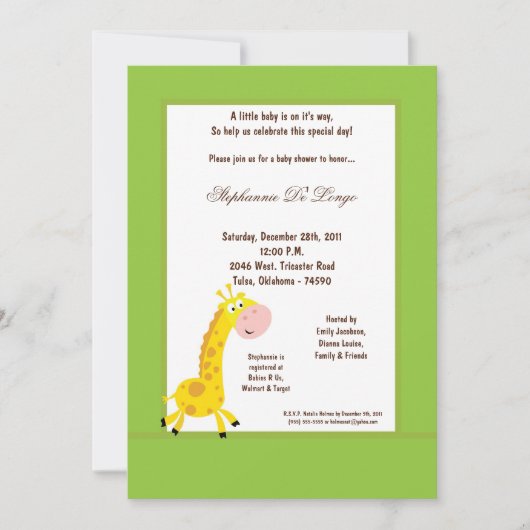 5x7 Groene Giraffe Baby shower Uitnodiging (Voorkant)