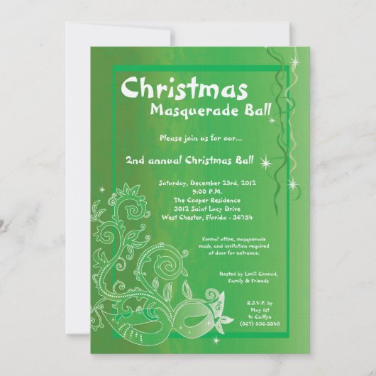 5x7 Groene Masquerade Kerstbal Uitnodiging (Voorkant)