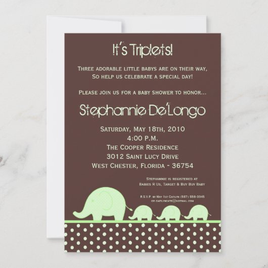 5x7 Groene Triplets Elephant Baby shower Invitatio Kaart (Voorkant)