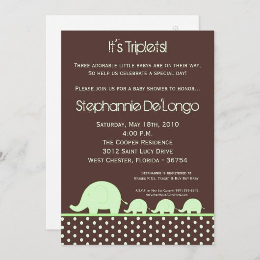 5x7 Groene Triplets Elephant Baby shower Invitatio Kaart (Voorkant / Achterkant)