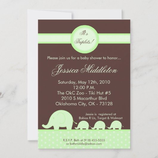 5x7 Groene Triplets Elephant Baby shower Invitatio Kaart (Voorkant)