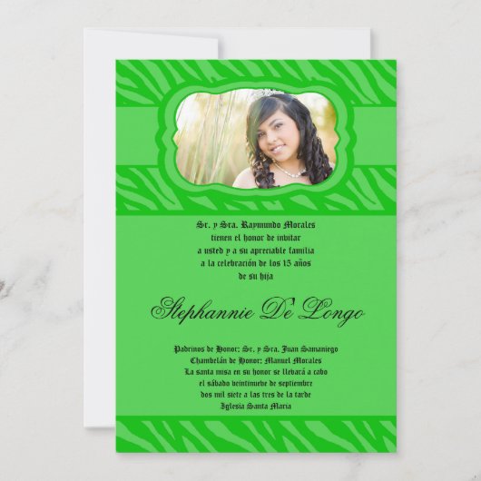5x7 groene zebra print patroon quinceanera uitnodi kaart (Voorkant)