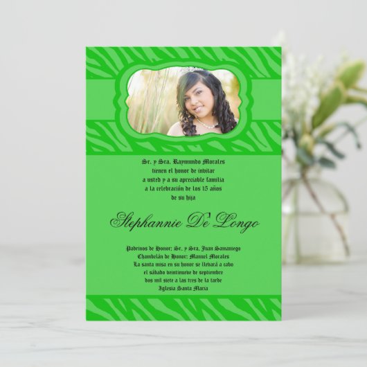 5x7 groene zebra print patroon quinceanera uitnodi kaart (Staand voorkant)