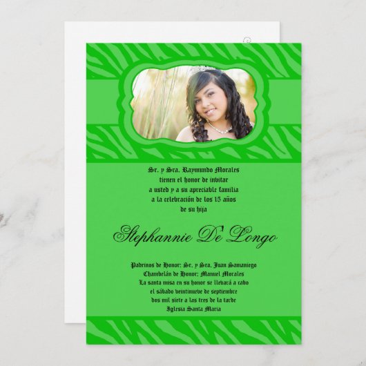 5x7 groene zebra print patroon quinceanera uitnodi kaart (Voorkant / Achterkant)