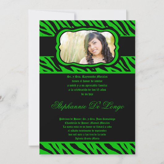5x7 groene zebra print Quinceanera uitnodiging (Voorkant)