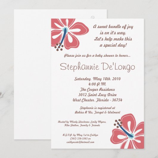 5x7 Hawaiian HibiscusFlower Baby shower Invitation Kaart (Voorkant / Achterkant)