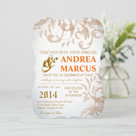 5x7 Herfst filigraan werveling damast bruiloft uit Kaart (Staand voorkant)